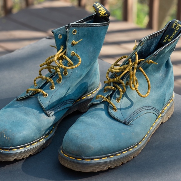 Vintage 1990s Dr. Martens 1460 Made in England Blue Suede Leather Boots Men's 12 - Picture 2 of 11